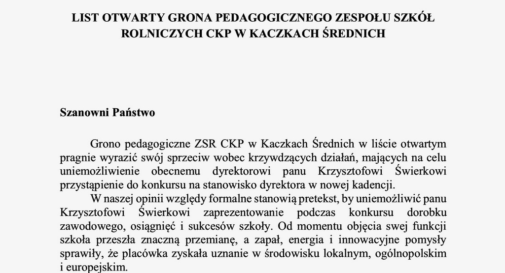 List nauczycieli ZSR CKP Kaczki Średnie